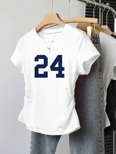 INAWLY 女士数字印花圆领休闲短袖T恤，夏季百搭