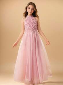 Vestido de niña de las flores, corte A y longitud midi, con aplicaciones florales y tul de malla, adecuado para boda, fiesta de cumpleaños, ceremonia