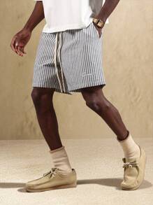 SUMWON Weekend Linen Feel Cotton Blend Bermuda Lounge Shorts Regular Fit Drawstring Waist Summer Spring Vacation Holiday Bottoms - Blue - View 4