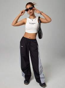 SHEIN PETITE Women's Color Block Drawstring Waist Casual Sports Pants, Summer