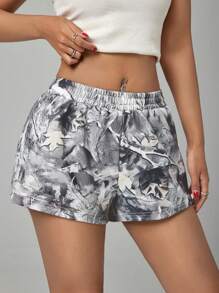 SHEIN PETITE 女士松紧腰休闲宽松印花短裤，夏季 - 彩色 - 查看 5