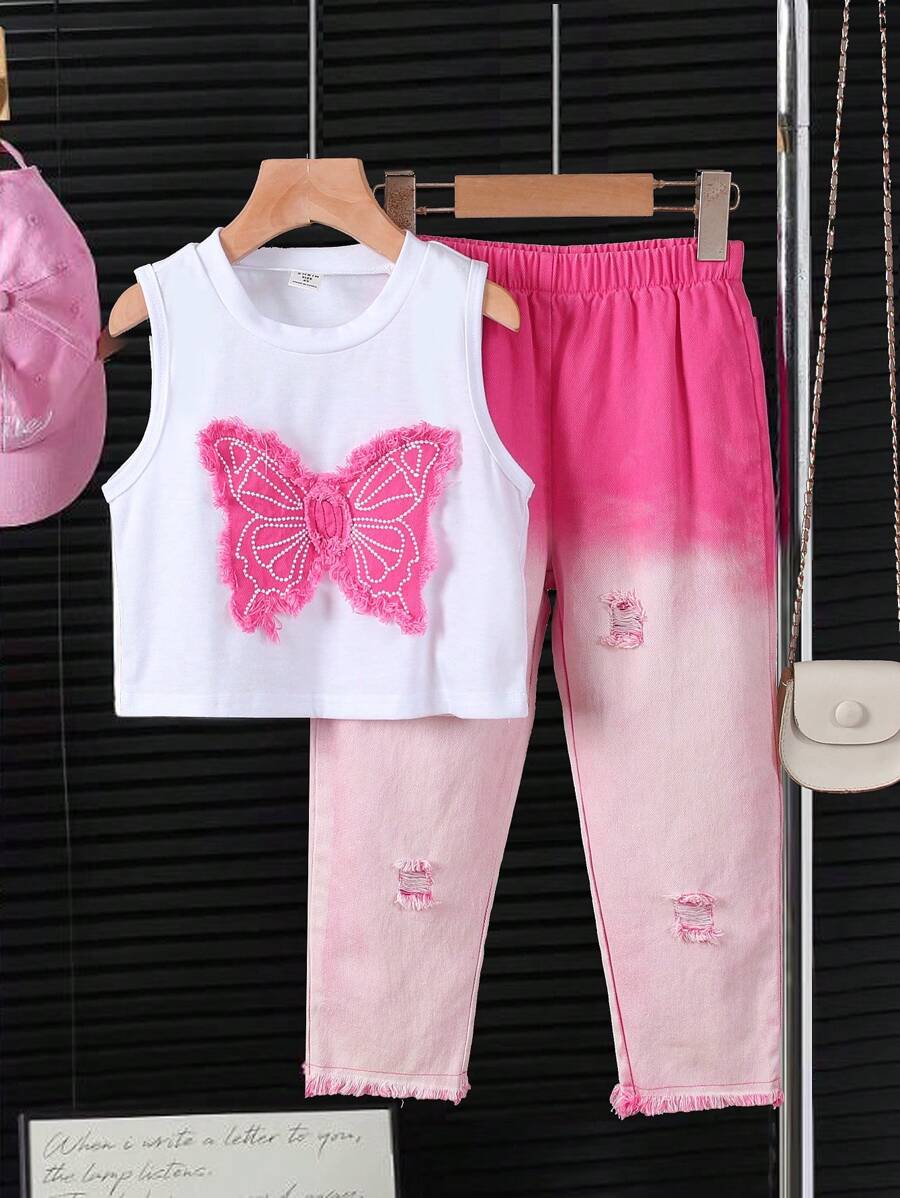 2件套少女夏季时尚个性蝴蝶玫瑰红撞色牛仔刺绣白色上衣搭配弹力腰褪色牛仔裤,适合户外活动和拍照 - 白色 - 查看 1