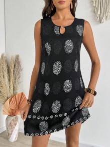 SHEIN LUNE Damen Lässig Kurzkleid mit ganzflächigem Aufdruck und Ausschnitt ohne Ärmel - Schwarz - Übersicht 3