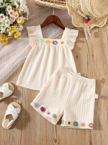 SHEIN Baby Girl Country Style Embroidered Square Collar Ruffle Trim Cap Sleeve Top And Shorts Set - Apricot - View 3