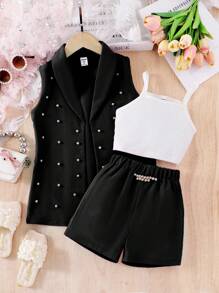 SHEIN Elladie kids Conjunto formal de 3 piezas para niña: Blazer rosa, top de punto tipo camiseta, shorts decorados con perlas, traje de verano elegante para ocasiones casuales y de vacaciones - Negro - Ver 1