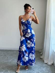 Elenzga 女士优雅迷人浪漫复古休闲舒适音乐节度假无袖细肩带修身花卉印花缎面长裙（随机印花） - 寶藍色 - 查看 3