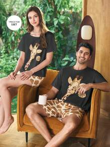 SHEIN Ginger Knitted Giraffe Print Men Pajama Set - Black - View 4