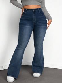 SHEIN ICON Plus Size Women Solid Color Slim Fit Flared Leg Denim Jeans - Blue - View 1
