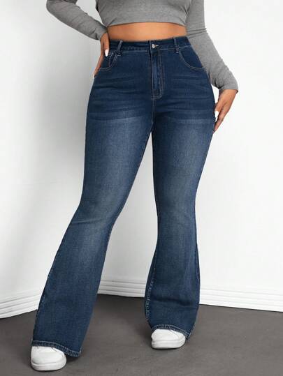 SHEIN ICON Plusstorlek Dam Enfärgade Slim Fit Utsvängda Jeans Med Ben