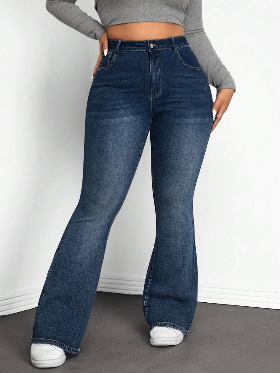 SHEIN ICON Plus Size Women Solid Color Slim Fit Flared Leg Denim Jeans - Blue - View 1
