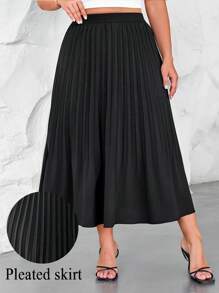 SHEIN LUNE Plus Size Women's Elegant Solid Color Pleated Elastic Waist A-Line Skirt, Summer - Black - View 1