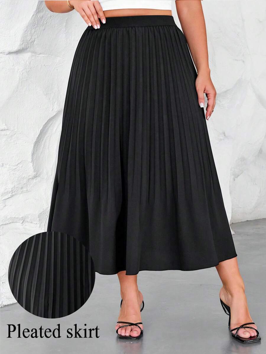 SHEIN LUNE Plus Size Women's Elegant Solid Color Pleated Elastic Waist A-Line Skirt, Summer - Black - View 1