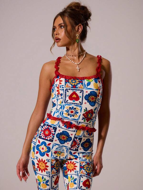 MUSERA Contrast Frill Trim Fitted Print Corset Top Only Summer Cute Vacation Holiday Festival Sexy Elegant Beach