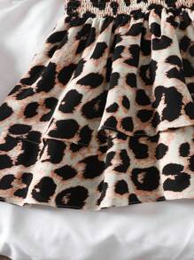 SHEIN Tween Girl Leopard Short Crop Top & High Waisted Layered Ruffle Hem Skirt 2Pcs/Set Suit, Vacation & Casual Wear - Khaki - View 3