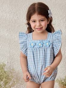 Blossori Baby Girls' Country Style Blue Plaid Ruffle Sleeve Bodysuit - Blue and White - View 3