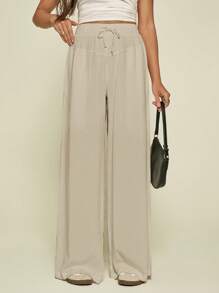 SHEIN Tall Pantalones de pierna ancha con cordón de unicolor casual para mujer primavera/verano, ropa de mujer otoño, mujeres altas - Albaricoque - Ver 4