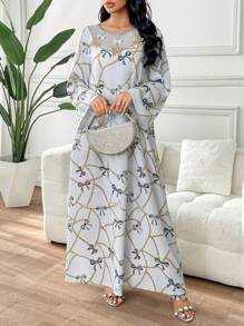 Yasmyna 女士圆领蝴蝶印花喇叭袖土耳其/阿拉伯长袍，朴素的卡夫坦 - 彩色 - 查看 4