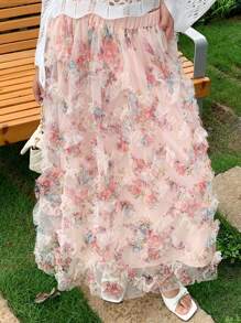 Celisse Women's Sweet Romantic Vacation Slimming Floral Print Layered Ruffle Trim Mesh Skirt, Spring/Summer Fall Cloth For Women - Multicolor - View 3