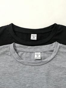 SHEIN 青少年男孩四件套休闲睡衣套装，包括纯色圆领T恤和格子短裤，宽松舒适 - 黑與白 - 查看 3
