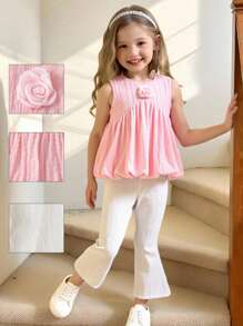 SHEIN 年轻女孩可爱 3D 花卉无袖罩衫上衣和喇叭形针织裤两件套休闲夏季套装 - 彩色 - 查看 1