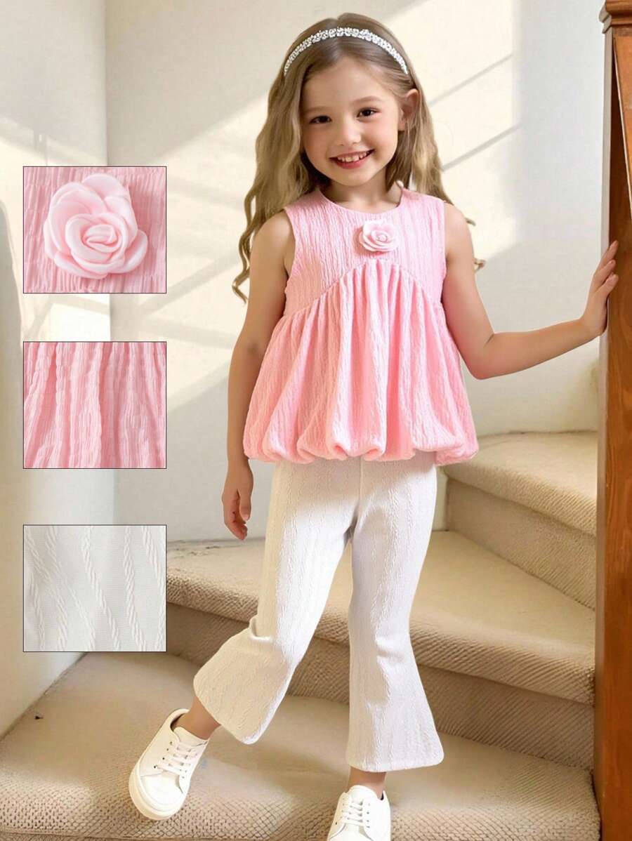 SHEIN 年轻女孩可爱 3D 花卉无袖罩衫上衣和喇叭形针织裤两件套休闲夏季套装 - 彩色 - 查看 1