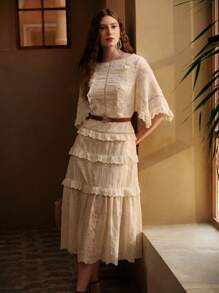 MOTF PREMIUM EMBROIDERY RUFFLE HEM MID-LENGTH DRESS - Apricot - View 8