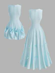 SHEIN MOD Cerulean Cascade Dress | 3-Way Convertible Silhouette With Royal Bow Accents | Baroque Romance For Moonlit Dunes, Secret Gardens & Timeless Memories,4th Of July Outfits,Island Vacation Outfits,Honeymoon Outfits Woman,Y2k,Country Concert Outfit,Graduation Dress - Blue - View 2