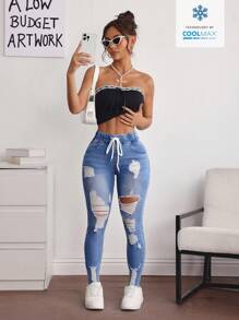 Breezaya Women Drawstring Waist Pockets Ripped Skinny Denim Jeans - Blue - View 5