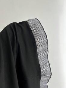 Elamini 时尚格纹撞色二合一收腰修身短袖T恤 - 黑色 - 查看 4