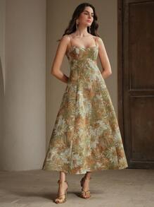 Anewsta Women's A-Line Painting Style Spaghetti Strap Party Dress, New Arrival - Coffee - View 4
