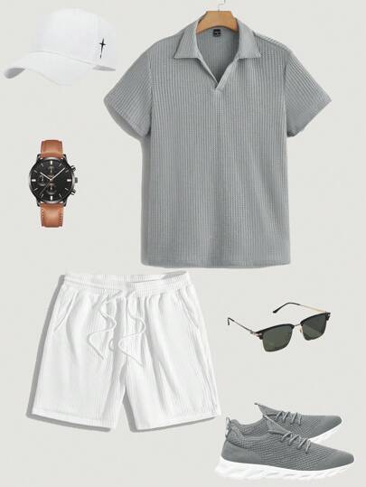 Manfinity Mode 2pcs Men's Solid Color Short Sleeve T-Shirt And Drawstring Waist Pocket Shorts Set