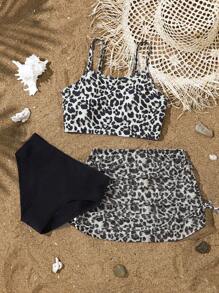 Conjunto de 2 piezas de bikini para niñas preadolescentes con Top e inferior con estampado de leopardo y flores, y tirantes ajustables - Multicolor - Ver 3