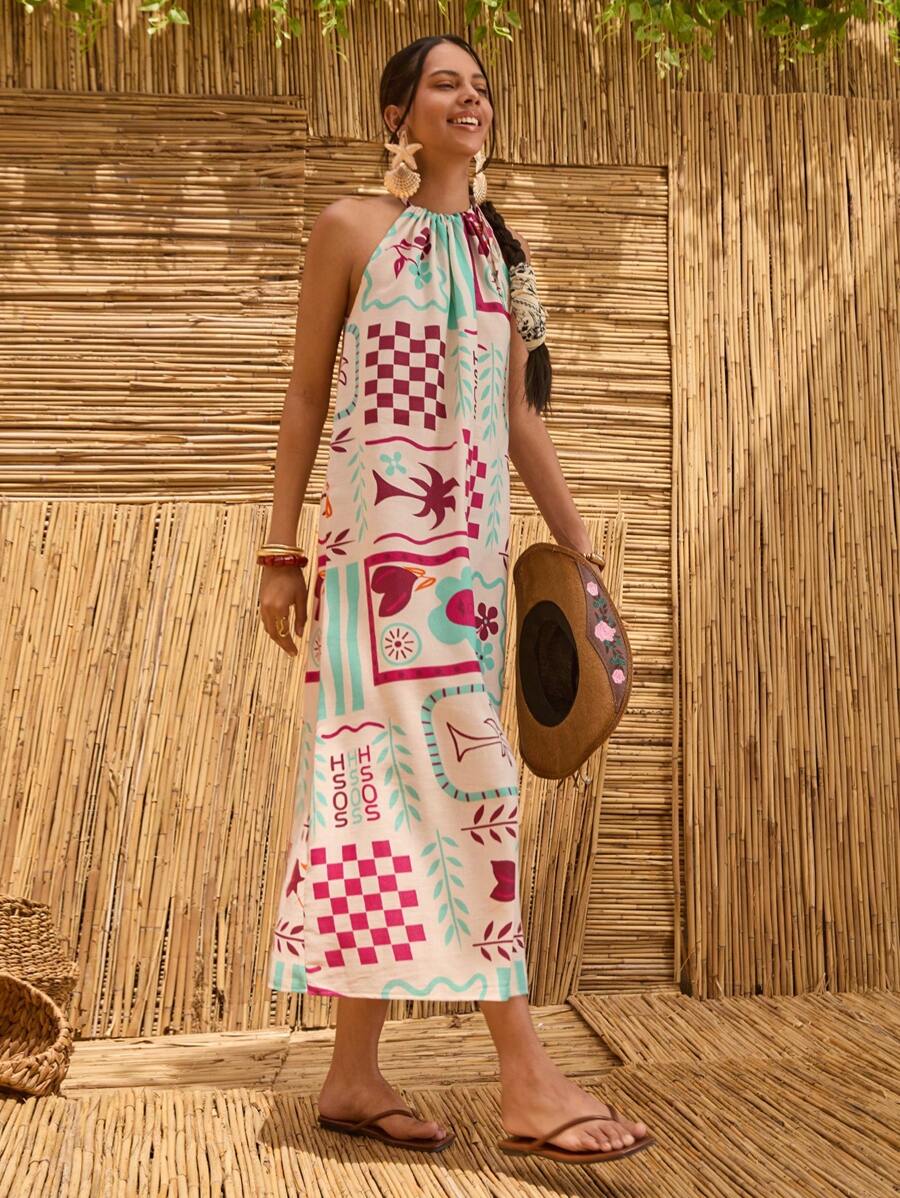 Bóhologie Vestido bohemio estilo A-line con cuello halter y bordado floral, vestido bohemio para mujer