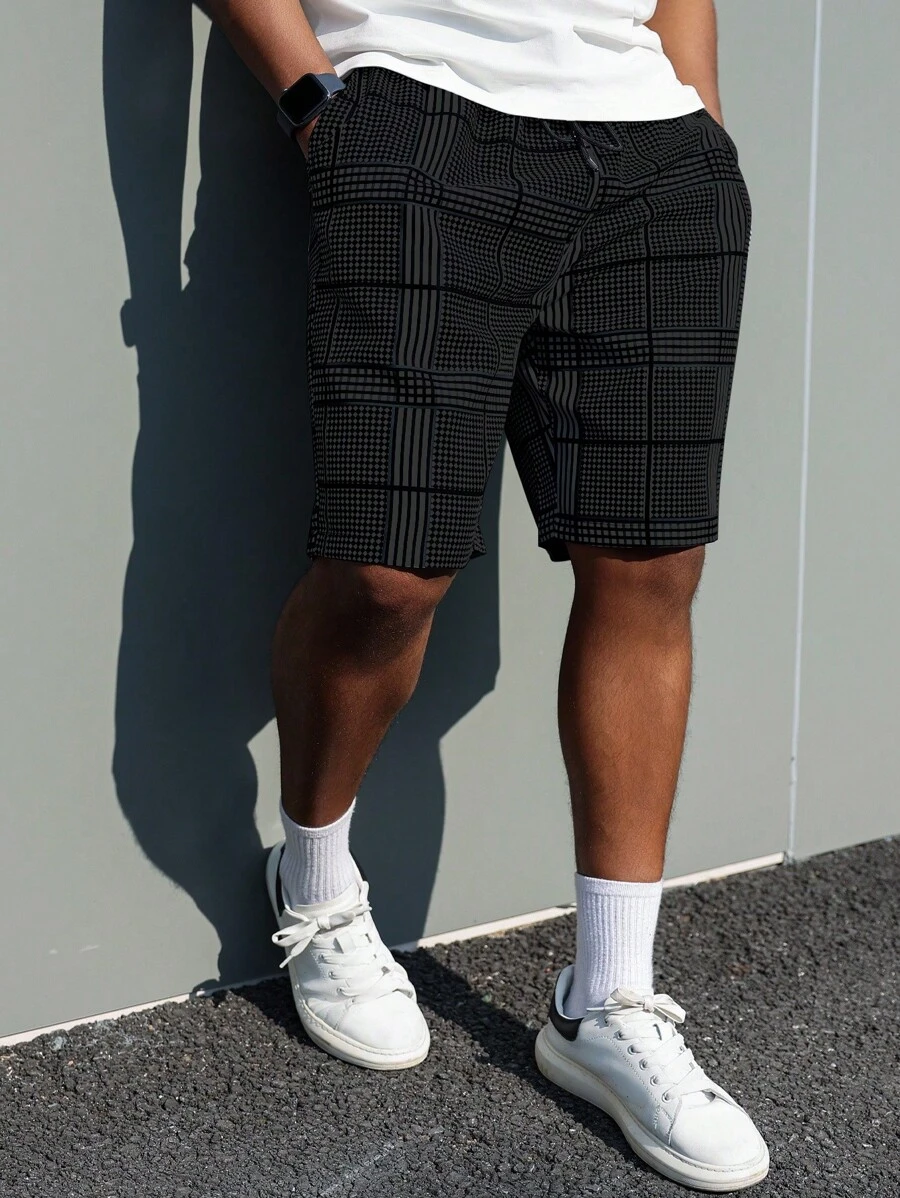 Manfinity Homme Quần short thường ngày rộng rãi có túi kẻ sọc cỡ lớn cho nam - Màu xám đen - Xem 1