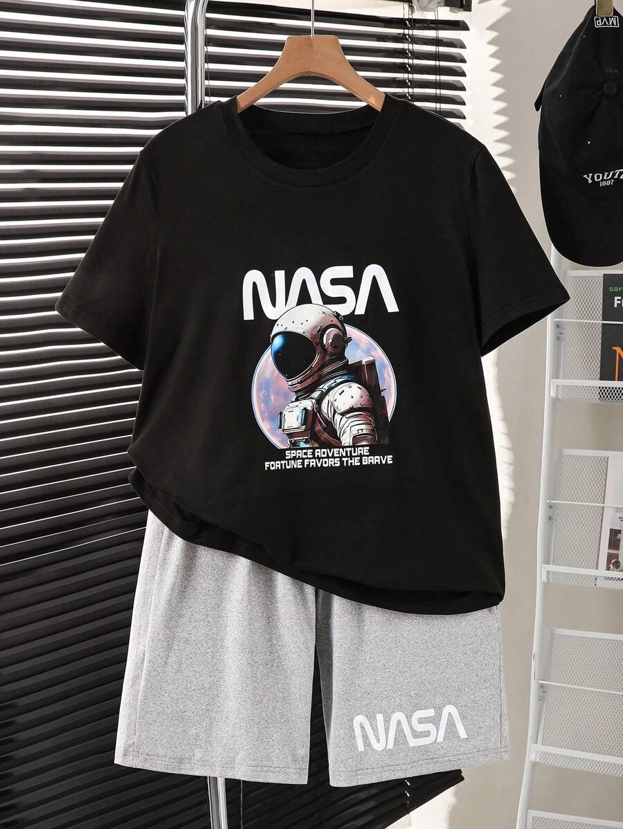 SHEIN 1 套青少年男童撞色圆领短袖上衣和短裤两件套休闲运动装，夏季 - 灰色 - 查看 1