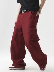 Chillumni 男士纯色休闲牛仔裤，适合夏季 - 紅色 - 查看 1