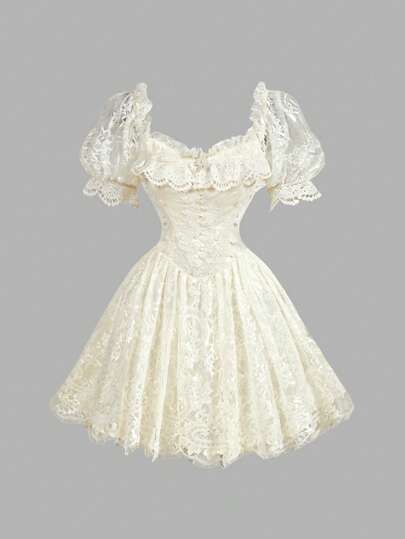 SHEIN MOD Apricot Dreamlike Romantic Elegant Lace Patchwork Satin Dress,  Corset Dress, Vintage Lace Dress, Milkmaid Dress