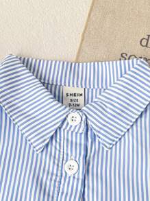 SHEIN 女婴 0-3 岁春夏休闲学院风日常百搭无袖 Polo 领蓝白条纹连衣裙，适合婴儿日常穿着 - 藍色 - 查看 3