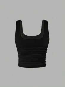 FavEase Blusa casual de color liso con tirantes anchos y plisada