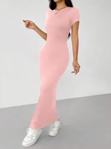 SHEIN PETITE 女士圆领修身短袖连衣裙，适合春夏季日常穿着 - 粉色 - 查看 7