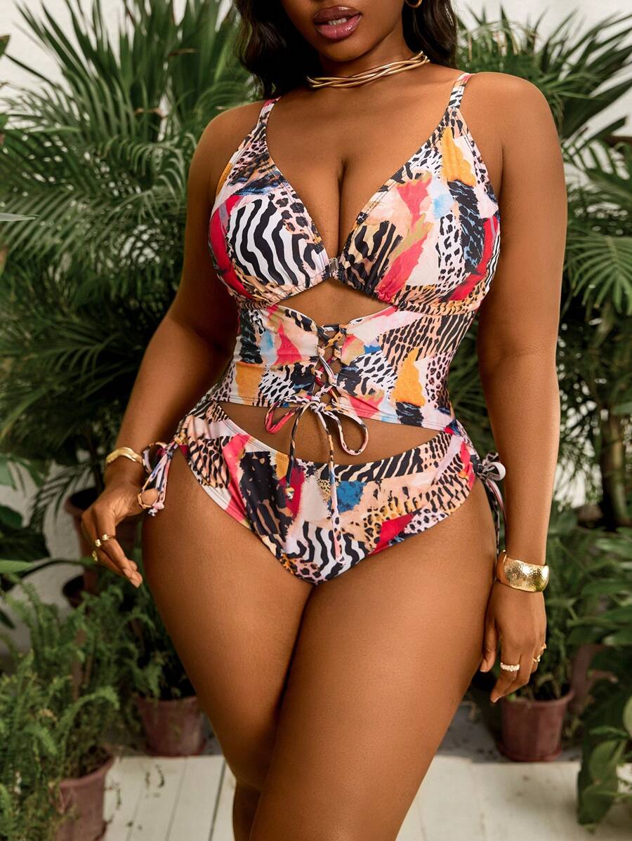 Slaydiva Plus Size Women Lace-Up Full-Print Hollow-Out Camisole One-Piece Swimsuit For Summer Beach Vacation - Multicolor - View 1