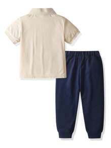 SHEIN 2pcs/Set Boys Summer Letter Print Short Sleeve Polo Shirt And Pants Set - Apricot - View 2