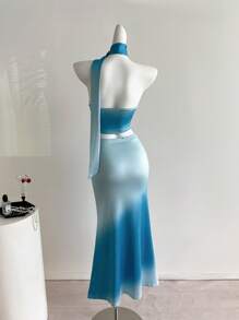 Sweetra Bộ đồ nữ Hawaii Vacation gồm áo và chân váy ôm sát in họa tiết hoa lan rực rỡ, thích hợp cho mùa xuân/hè. - Màu xanh lam - Xem 2