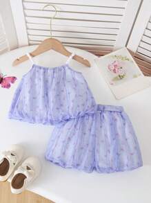 女婴甜美风格韩版时尚套装，婴幼儿女孩新款时尚吊带上衣和短裤两件套服装，夏季 - 彩色 - 查看 2