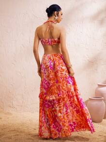 Swim Oasis Women's Floral Print Halter Cut-Out Back Long Ruffle Hem Elegant Loose Vacation Dress,Yellow, Red, Halter, Resort, Clashing, Cutout, Mature, Ruffled, Pumped, Dress, Split