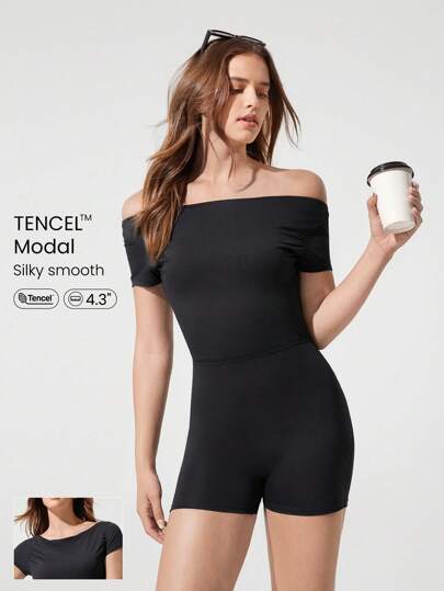 GLOWMODE 4.3" Modal Bold Moves Silky Smooth Breathable Pleated Removable Cups Off Shoulder Active Romper  Daily Casual Wear