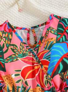 Vestido de vacaciones con estampado tropical de plantas y manga corta para niña preadolescente, ropa de verano, vestido tropical para niñas, vestidos de verano para vacaciones, vestidos de verano para mujeres, vestido de verano para niñas - Multicolor - Ver 3