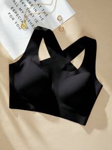 Women Casual Comfy Black Plain Sports Bra With Slight Stretch Fabric And Backless Design For Everyday Wear - Black - View 7