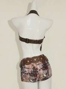 SHEIN ICON مجموعة قطعتين للنساء تتكون من توب قصير ظهر مكشوف مطبوع بنقشة الحيوان وشورت قصير جدًا, ملائمة وخصر منخفض, ملابس دراجة نارية - متعدد الألوان - مشاهدة 2