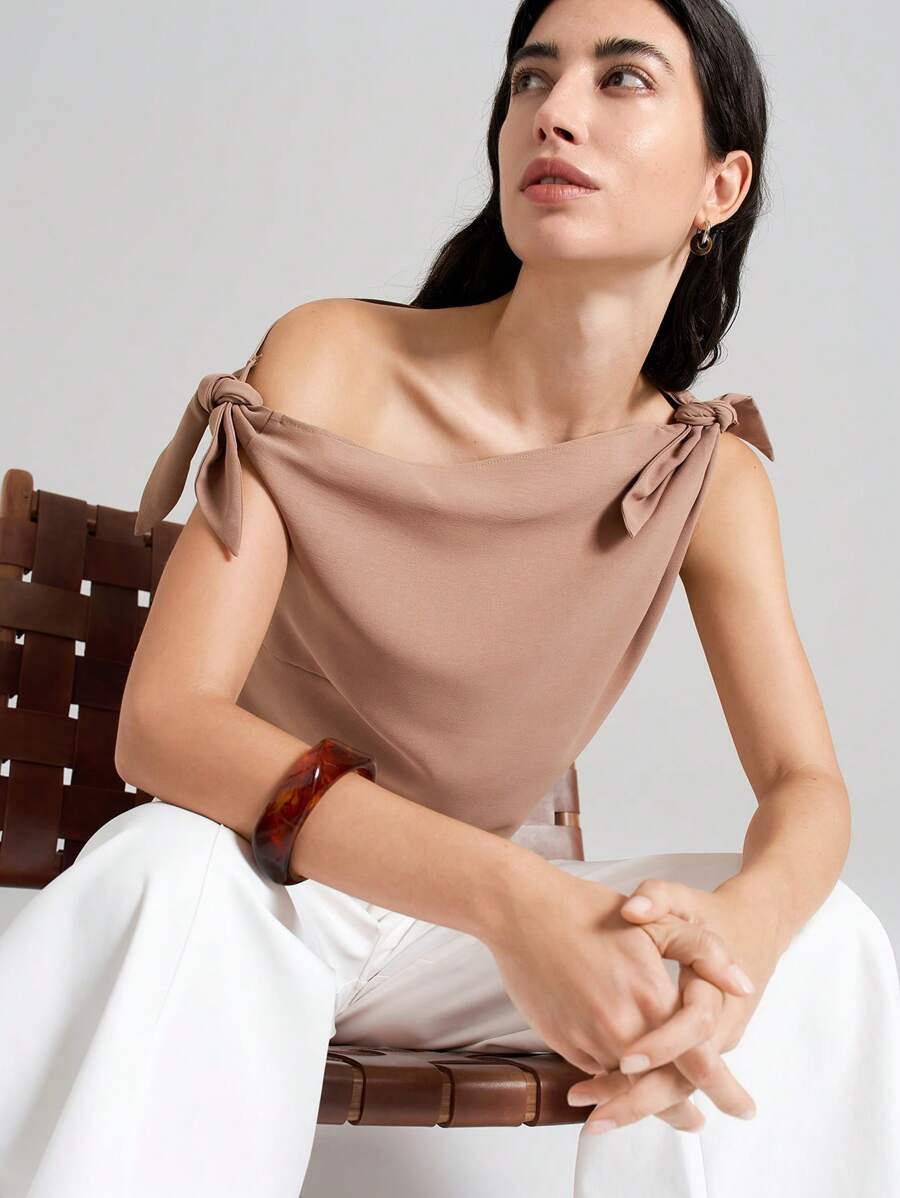 Ontre 女士春夏流行卡其色打结夏季优雅时尚上衣，休闲都市风，简约时尚，适合城市通勤，优雅简约，教师节着装，适合夏季、都市度假、海岛度假、海岛音乐节，宽松修身衬衫 - 咖啡棕 - 查看 1